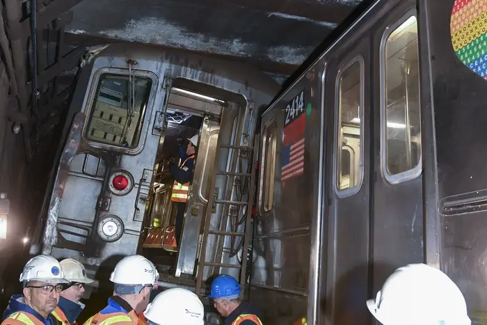 Scene of collision and derailment north of 96 St on the 1 line on Thursday, Jan 4, 2024.